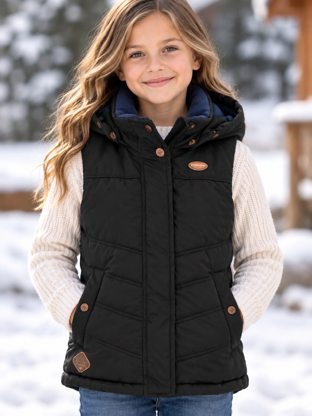 Ragwear Youngsters Black Quilted Vest |134/140 | Detachable Hood | Floral Lining